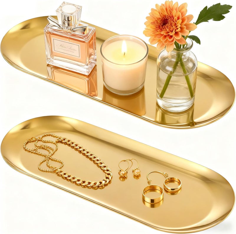 Wikapy 2PACK Gold Decorative Tray, Bathroom Vanity Tray for Dresser Counter, Stainless Steel Jewelry Dish Tray for Decor, Perfume Ring Key Candle Organizer Tray, Oval - Image 1